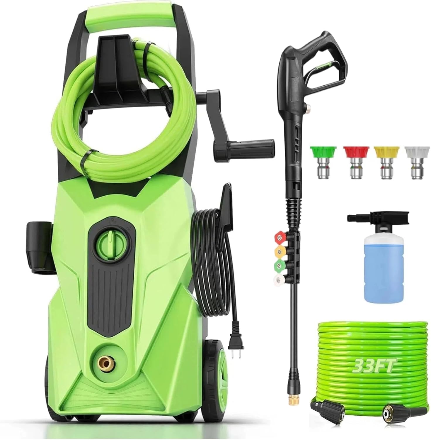71BuQRRjeL._AC_SL1500_.jpg Pressure Cleaner 5000 PSI 2.8 GPM High Power Cleaners with 33ft Pressure Hose, 4 Nozzle and Foam Cannon, for Home, Cars, Fences, Patio (Green) - Image 1