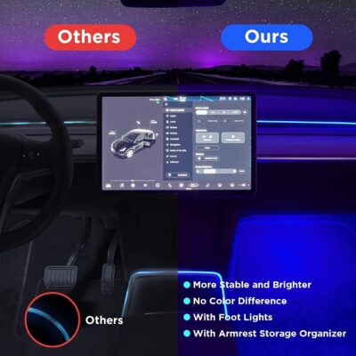Nestour Interior Car Neon Lights Fit for Tesla Model 3 Y 2021 2022 2023 (Center Console+Dashboard+2 Foot Lights) with Armrest Organizer, Tesla Ambient Lighting, APP-Controlled RGB LED Strip Lights - Image 6