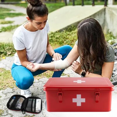 First Aid Box with Mini First Aid Kit, Metal Medicine Storage Box with Handles & Safety Lock, First Aid Organizer Waterproof Hard Shell Small Case for Travel Home Office Camping Hiking Car - Image 5