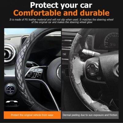 Car Steering Wheel Cover, 14.96" Leather Anti-Slip Vehicle Steering Wheel Protector with Fish Scale Graphic Grip, Automobile Interior Protection, Universal for Sedan Truck SUV (Black) - Image 4