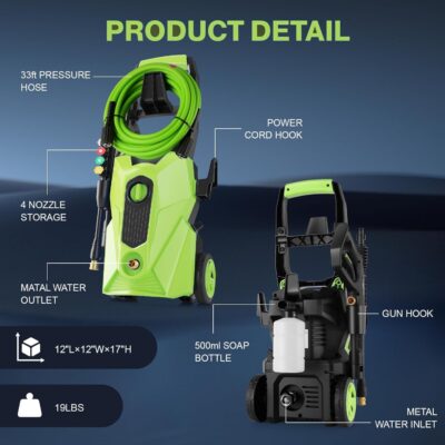 Pressure Cleaner 5000 PSI 2.8 GPM High Power Cleaners with 33ft Pressure Hose, 4 Nozzle and Foam Cannon, for Home, Cars, Fences, Patio (Green) - Image 7