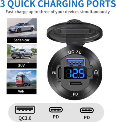 12V USB Outlet 3 Port Car Charger Socket, 78W Dual PD USB C 30W and Quick Charge3.0 Port Aluminum Charger Waterproof with Voltmeter and Button Switch for Boat Marine Motorcycle RV Truck Golf Cart, etc - Image 3