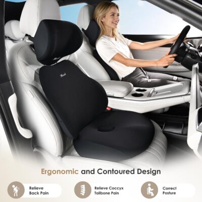 FLORICH Car Seat Cushion & Lumbar Support Pillow & Car Neck Pillow, Ergonomic Memory Foam Driving Seat Cushion for Back & Sciatica Pain Relief, Non-Slip Washable Cushion for Car, Driver, Office-Black - Image 2