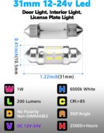 DC12V-24V White 31mm DE3175 LED Festoon Bulbs 1.2in, 200lm Super Bright Dome Light Bulbs, Led Interior Car License Plate Dome Map Door Trunk Lights Replace for 3175 DE3021 3022 3021, Pack of 2 - Image 2
