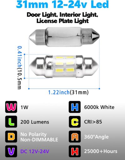 DC12V-24V White 31mm DE3175 LED Festoon Bulbs 1.2in, 200lm Super Bright Dome Light Bulbs, Led Interior Car License Plate Dome Map Door Trunk Lights Replace for 3175 DE3021 3022 3021, Pack of 2 - Image 2
