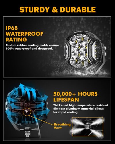 Auxbeam 5In V-Ultra Series 172W LED Light Pods, Offroad Round Driving Light with Amber DRL, 270° Wide Range Super Bright Side Shooter White Hyper Spot Beam Universal Lights with Black Cover-2PCS - Image 4