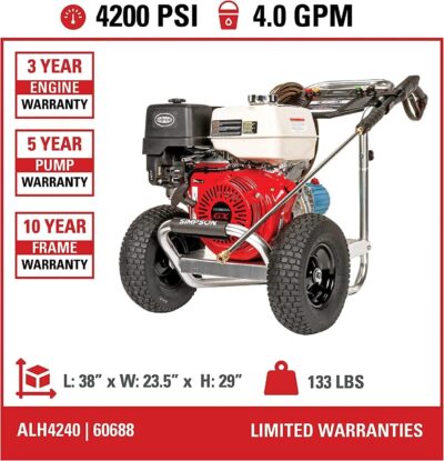 Simpson 4200 PSI Gas Pressure Washer, 4.0 GPM Commercial Power Washer, Cold Water, Honda GX390 Engine, 50' Hose, Aluminum Series, 49-State Compliant (ALH3228-S) - Image 3