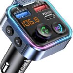 LENCENT Bluetooth 5.3 FM Transmitter, Wireless Radio Adapter Car Kit with Type-C PD 30W+ QC3.0 Fast USB Charger, Hands-Free Calling, Audio Stereo Mp3 Player Receiver, Supports U Disk, Color Light