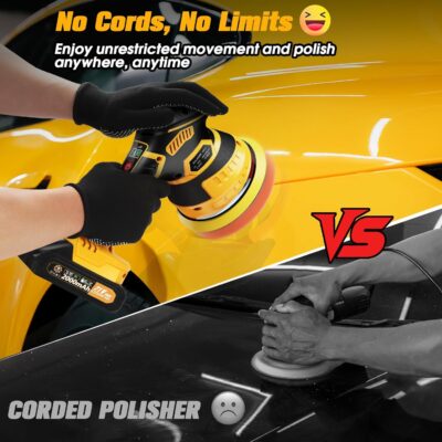 Cordless Car Buffer Polisher kit [2x 2000mAh 21V Batteries & 18 PCS Attachments] 6-Speed Orbital Design, LED Display, Lightweight Detailing Tool for Waxing, Polishing & Scratch Removal-Yellow - Image 2