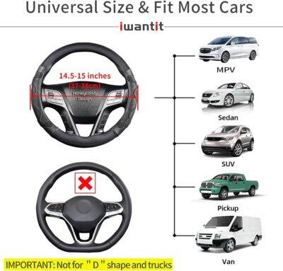 Iwantit® Car Steering Wheel Covers with 3D Silicone Honeycomb for Men,Anti-Slip Design and Breathable Fabric,Universal Fit 14.5-15 Inches (Full Black) - Image 4