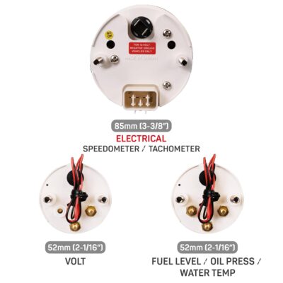 RACETECH Classic 6 Gauge Set - 85mm 3-3/8" Electrical Speedometer Tachometer - 52mm 2-1/16" Voltage Fuel Level Water Temperature Oil Pressure - 140MPH 240-33 Ohm - Black Dial White Needle - Image 4