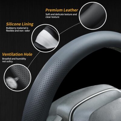 Uxcer Nappa Leather Steering Wheel Cover, Universal 14.5–15 Inch Non-Slip Breathable Steering Wheel Cover for Cars, Black - Image 5