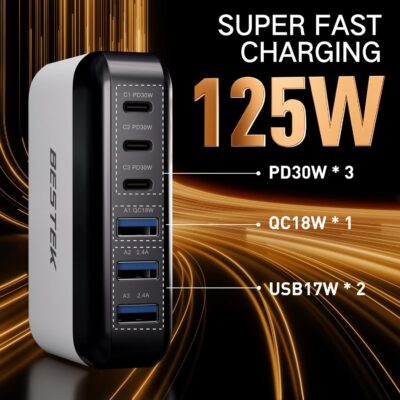 BESTEK Multi Ports USB Car Charger, Fast Charge 125W 14A Quick Charge 3.0 & USB-C PD Car Charger Adapter with Smart Identification for Cell Phones, Tablets and Other USB Devices - Image 2