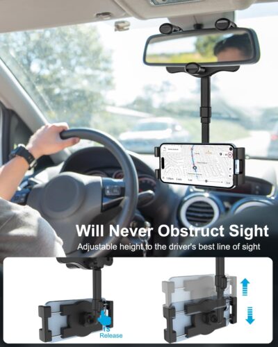 Car Rearview Mirror Phone Holder [360°Rotatable & Retractable] Rear View Mirror Phone Mount Clip, Phone Holders for Your Car Accessories, for iPhone Air 17 Pro Max 16 15 14 13 12, S25, All Smartphones - Image 3