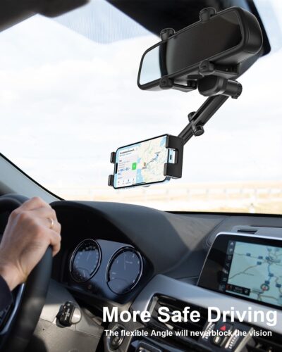 Rear View Mirror Car Phone Holder Clip - [Four Claws Anti-Shake] Cell Phone Mount for Car Rearview Mirror with 360° Rotatable & Retractable for iPhone Air 17 Pro Max 16 15 14 13 12, 4-7" Smartphones - Image 2