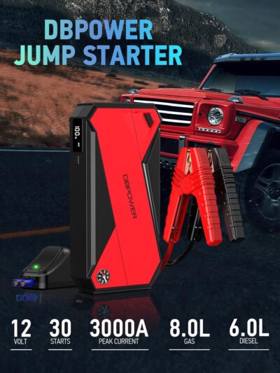 DBPOWER Peak 3000A 18000mAh Portable Car Jump Starter (up to 8.0L Gas, 6.0L Diesel Engine) Battery Booster with Smart Charging Port, Compass, LCD Screen and LED Light (Black/Red) - Image 2