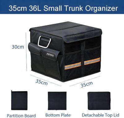 Trunk Storage Organizer with Lid, 35cm Small 36L Collapsible Car Trunk Organizer,Small Car Organizer Aluminium Handle, Car Accessories for Sedan Auto SUV Truck Minivan Road Emergency Black - Image 5