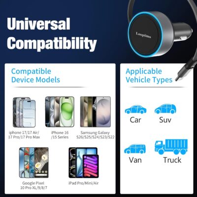 Retractable Car Charger USB C, 90W Phone Cigarette Lighter Adapter USB-C Fast Charging Plug Car Accessories for iPhone 17 16 15 Pro Max, iPad, Android, Built-in Type-C Cable, Gifts for Women Men - Image 5
