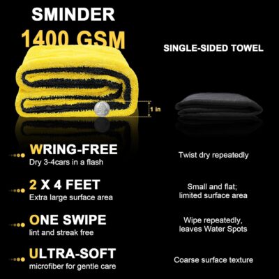SMINDER 1400 GSM Car Drying Towels Car Detailing– XXL Microfiber Towels for Cars, Trucks (48" x 24"), Ultra-Absorbent, Streak-Free, Scratch-Free, No Water Spots, Double-Twist Pile & Edgeless Design - Image 4