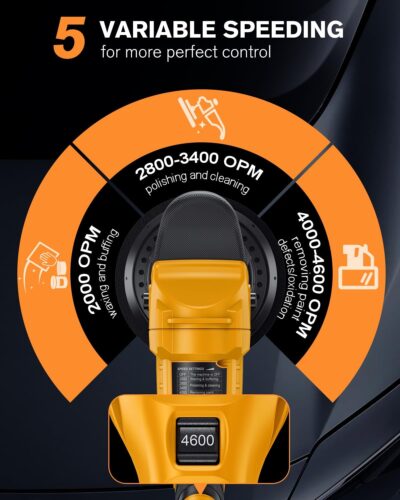 Brushless Cordless Car Buffer Polisher for Car Detailing, 15mm Dual Action, Compatible with DeWalt 20V MAX (Tool Only), 5-Speed Control, Includes 5-inch Polishing Pads & Accessories - Image 4