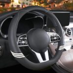 14 inch Cute D Shaped Steering Wheel Cover for Women Men Faux Leather and Carbon Fiber,Black - Image 2