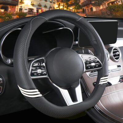 14 inch Cute D Shaped Steering Wheel Cover for Women Men Faux Leather and Carbon Fiber,Black - Image 2