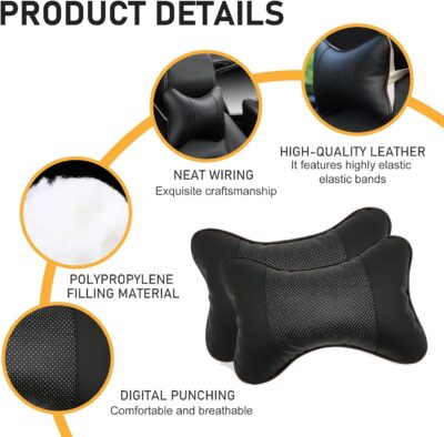2 PCS Car Headrest Pillow for Neck Support, Refreshing and Breathable Denier Leather Ergonomic Relaxation Neck Pillow, Detachble & Washable Parts, Universal for All Seasons (Black) - Image 5
