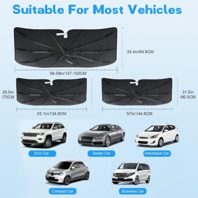 Windshield Sun Shade Umbrella, Portable Foldable, Spring Structure Wind Shield, Front Window Sunshade, Protect from Sun Rays Car Windshield, for Men (57'' x 31.5'') - Image 7
