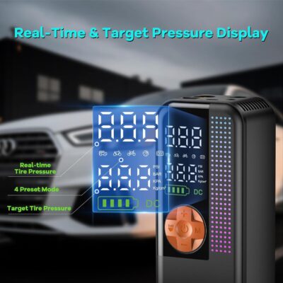 Portable Tire Inflator Air Compressor, 150 PSI Cordless Air Pump, 6000mAh Battery & 12V Car Outlet, Digital Pressure Gauge, Auto Shut-Off, Fast 24L/Min, LED Light, 4 Preset Modes for Car, Bike, Balls - Image 5