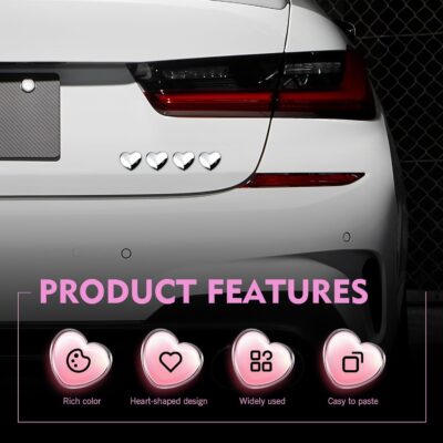 4PCS Heart Metal Car Emblem Stickers, Metal Chrome Waterproof Fade-resistant Vehicle Decals, Creative Fashionable Rear Love Badge Decoration, for Doors, Bumper, Rear License Plate (Silver) - Image 3