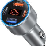 Car Charger USB C, 65W Dual 12V Car USB Charger Multiport with Voltage Display PD/QC 3.0 Super Fast Charge Cigarette Lighter Adapter for iPhone 17 16 15 14 13 12 Pad Pro Air(Gray)