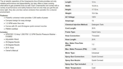 Greenworks 1500 PSI 1.2 GPM Pressure Washer (Upright Hand-Carry) PWMA Certified - Image 9