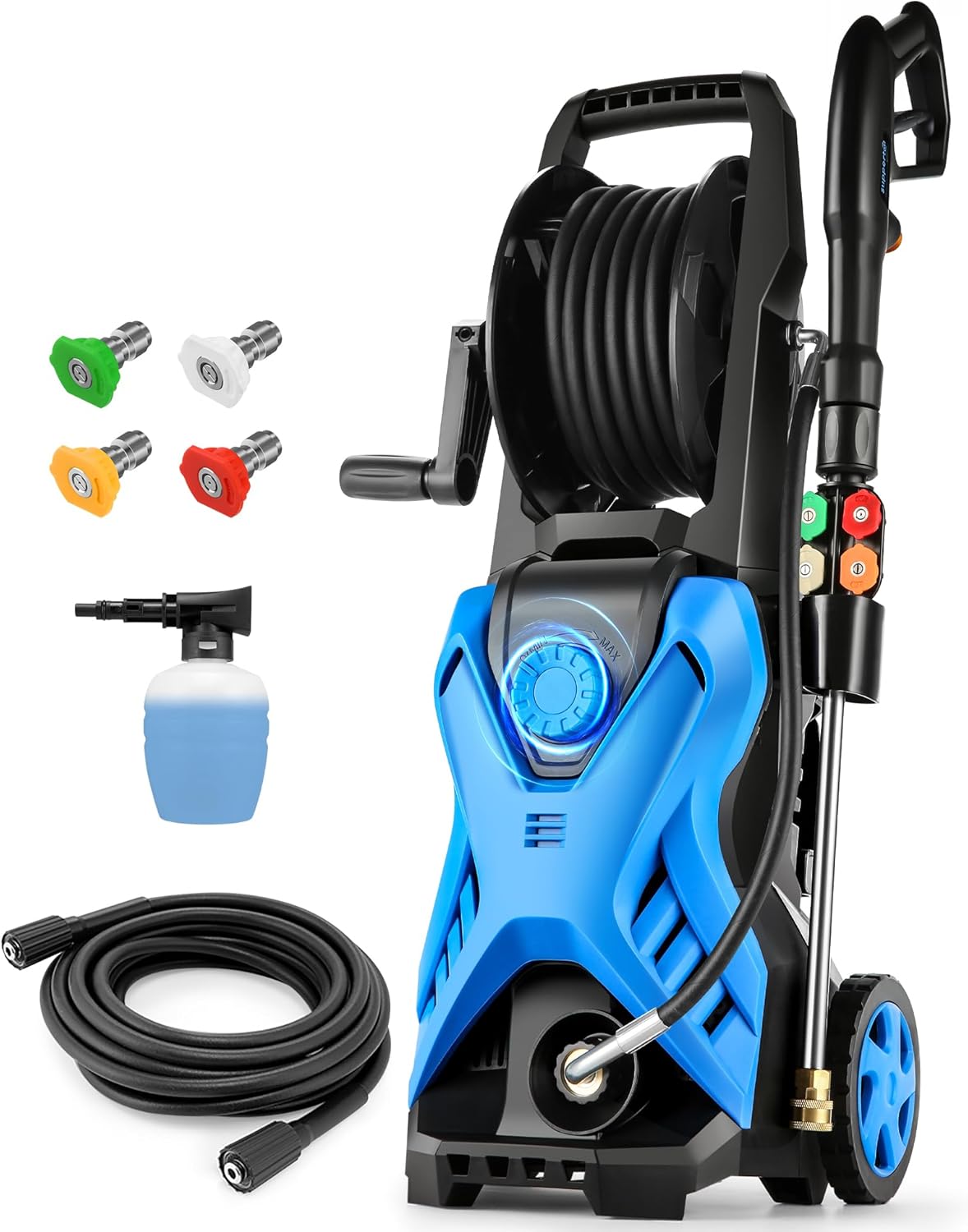 71G1scEzbL._AC_SL1500_.jpg Electric Pressure Washer, 2.8 GPM High Power Washer Adjustable Pressure 2500PSI-5000PSI with 33FT Extension Hose Reel, 4 Nozzles and Soap Bottle for Cars/Fences/Driveways - Image 1