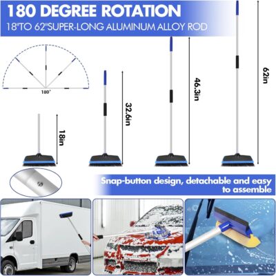 62'' Car Wash Brush with Long Handle, Scratch-Free Car Wash Mop Kit with Car Wash Bucket, Wheel Tire Brush, Wash Mitt Towel, Windshield Squeegee, Car Cleaning Brush Kit for Cars RV Truck Boat - Image 3