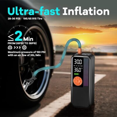 Portable Tire Inflator Air Compressor, 150 PSI Cordless Air Pump, 6000mAh Battery & 12V Car Outlet, Digital Pressure Gauge, Auto Shut-Off, Fast 24L/Min, LED Light, 4 Preset Modes for Car, Bike, Balls - Image 3