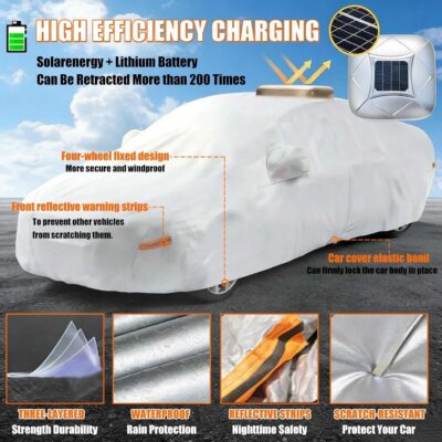 Solar Powered Car Cover for Outdoor Parking – Electric Automatic Retractable Sun Shade,Portable Battery-Powered Heat Shield Fit Sedan SUV Mpv gold-3XXL - Image 6