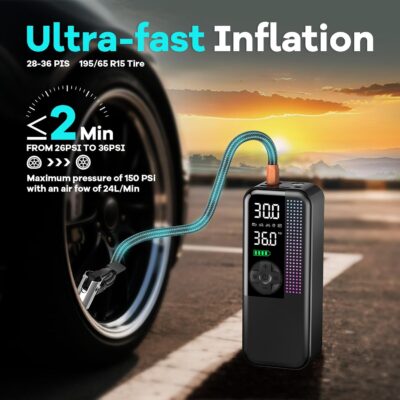 Tire Inflator Portable Air Compressor, 150 PSI Cordless Air Pump, Dual Power 6000mAh, 12V DC Car Plug, Fast Inflation 24L/Min, Auto Shut-Off, LED Light, 4 Preset Modes for Car, Bike, Motorcycle, Balls - Image 3