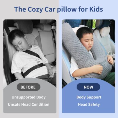 Travel Pillow for Kids & Adults, Car Pillow for Back Seat, Sleeping Support Cushion for Long Road Trips, Toddler Carseat Pillow with Removable & Washable Cover, Grey - Image 4