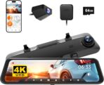 WOLFBOX 12" 4K Rear View Mirror Camera with 5.8GHz WiFi and Voice Control, Smart Mirror Dash Cam Front and Rear, Backup Camera with 1080P Rear Camera, Dash Cam with WDR, Includes 64GB Card & GPS