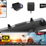 WOLFBOX 12" 4K Rear View Mirror Camera with 5.8GHz WiFi and Voice Control, Smart Mirror Dash Cam Front and Rear, Backup Camera with 1080P Rear Camera, Dash Cam with WDR, Includes 64GB Card & GPS