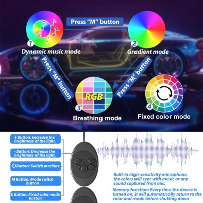 5 in 1 Car Led Strip Lights with App Control, RGB Colors Interior Car Lights, Ambient Led Lighting Kit, 4 Light Flashing Modes, USB Neon Accessories for Doors, Center Console - Image 5