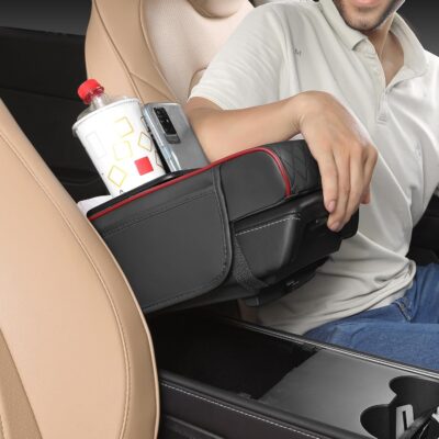 FREESOO Car Center Console Cover, Leather Armrest Cover for Car, Universal Middle Console Cushion with Storage Box, Cup Holder, Tissue Box & Phone Slot, Waterproof Interior Accessories, Black Red - Image 8