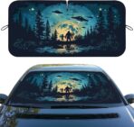 Bigfoot Alien Car Windshield Sunshade - Folding Moon UFO Trees Heatshield Front Window Sun Shade Visor Protector for Sedan Truck SUV - 59" L x 31.5" W