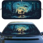 Bigfoot Alien Car Windshield Sunshade - Folding Moon UFO Trees Heatshield Front Window Sun Shade Visor Protector for Sedan Truck SUV - 59" L x 31.5" W