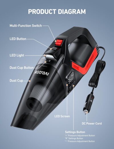 AstroAI 4-in-1 Car Vacuum Cleaner and Tire Inflator Portable with Accessories Air Compressor Digital Dual Values Display, 150 PSI Car Tires Air Pump with LED Light, 12V DC, 16.4FT Cord for Auto - Image 9