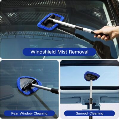 11pcs Windshield Cleaner Tool, Car Window Cleaning Wash Kit with 6 Reusable Microfiber Pads 2 Spray Bottles and Extendable Handles Auto Glass Wiper Kit, Blue - Image 2