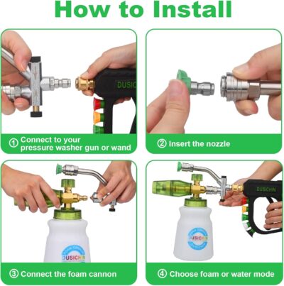 DUSICHIN Pressure Washer Gun Foam Cannon Dual Connector Shift Valve, Car Wash Foam Cannon Kit 1/4 Inch Quick Connector 5 Pressure Washer Nozzle Tips Build-in Design Work with A Pressure Washer DUS2703 - Image 8