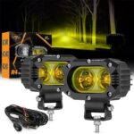 Auxbeam LED Amber Fog Light, 4Inch 60W Led Driving Offroad Lights Pod Super Bright with Wiring Harness Kit Yellow Flood Beam Pod Light for Truck SUV ATV UTV Jeep Wrangler Motorcycle