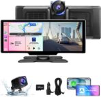 10.26" Wireless Carplay Screen for Car with 4K Dash Cam | Portable Car Play & Android Auto Touch Screen, 1080p Backup Camera, Mirror Link, Voice Control, GPS Navigation | for All Cars