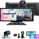 10.26" Wireless Carplay Screen for Car with 4K Dash Cam | Portable Car Play & Android Auto Touch Screen, 1080p Backup Camera, Mirror Link, Voice Control, GPS Navigation | for All Cars